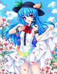  adapted_costume blue_hair bow cherry_blossoms food fred0092 fruit hair_bow hat highres hinanawi_tenshi long_hair open_mouth peach petals red_eyes shirt skirt_hold sleeveless sleeveless_shirt solo touhou 