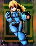  1girl arm_cannon armor blonde blue_eyes helmet ponytail rockman rokko-chan smile solo weapon 