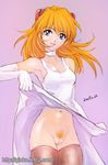  2003 bad_id bad_pixiv_id blonde_hair blue_eyes censored choker dated dress dress_lift elbow_gloves ginko_(silver_fox) gloves long_hair mosaic_censoring neon_genesis_evangelion no_panties pubic_hair pussy solo souryuu_asuka_langley thighhighs white_dress 