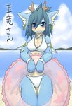  bikini blue_eyes blue_hair breasts cleavage clothed clothing cloud clouds dragon female hair holding inflatable japanese_text kame_3 looking_at_viewer necklace seaside skimpy solo standing swimsuit text tight_clothing 