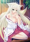  fox_tail green_eyes inari kemonomimi kitsune kitsunemimi miko norn_soft oppai shrine_maiden white_hair 