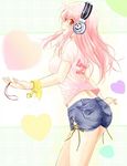  artist_request bracelet headphones hearts long_hair pink_hair red_eyes shorts soniko 