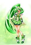  big_hair bike_shorts blush bow bowtie choker circlet cure_march eyelashes full_body green green_background green_choker green_eyes green_hair green_neckwear green_shorts green_skirt hair_ornament hairpin kurogane_(majesticrune) long_hair magical_girl midorikawa_nao precure shoes shorts shorts_under_skirt skirt smile smile_precure! solo thigh_gap tri_tails very_long_hair 