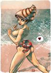  beach cling heart_emote_icon hermit_crab looking_toward_back nipples nude ocean oppai red_hair sea_shell shimmerimg_waves squid 