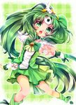  :o big_hair bike_shorts bow bowtie choker circlet cure_march eyelashes full_body green green_background green_choker green_eyes green_hair green_neckwear green_shorts green_skirt hair_ornament hairpin long_hair magical_girl midorikawa_nao precure shoes shorts shorts_under_skirt skirt smile_precure! solo tri_tails uzuki_aki 