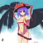  :o bikini blush breasts cleavage hat highres large_breasts nagae_iku purple_hair see-through shiny shiny_skin short_hair solo strap_gap swimsuit tilt-shift touhou 