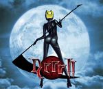  animal_helmet ass bayonetta black_bodysuit bodysuit celty_sturluson cloud durarara!! from_behind full_moon helmet high_heels legs logo long_legs moon parody scythe shoes solo underthebomb 