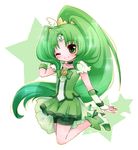  boots bow bowtie chibi choker circlet cure_march dress eyelashes green green_choker green_eyes green_hair green_neckwear green_shorts green_skirt jumping long_hair midorikawa_nao one_eye_closed precure ribbon sakurya shorts shorts_under_skirt skirt smile smile_precure! solo star tiara tri_tails 