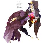  bad_id bad_pixiv_id blue_eyes blue_hair caster cattleya_(flower) dress fate/stay_night fate_(series) flower hat kuroihato long_hair orchid petals robe solo translated white_background 