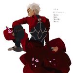  almond_(flower) archer bad_id bad_pixiv_id dark_skin dark_skinned_male fate/stay_night fate_(series) flower jacket kuroihato male_focus petals red_jacket solo translated white_background white_hair 