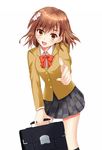  bag blazer brown_eyes brown_hair fang highres jacket kamiko_to_seiryoku misaka_mikoto school_uniform short_hair solo to_aru_kagaku_no_railgun to_aru_majutsu_no_index 