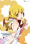  absurdres apron back bakemonogatari bare_shoulders blonde_hair blush_stickers doughnut eating food highres long_hair megami monogatari_(series) mouth_hold official_art oshino_shinobu pastry pon_de_ring solo watanabe_akio yellow_eyes 