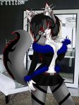  anthro black_hair breasts canine chandelier cleavage clothed clothing dante_(artist) ear_piercing female fox hair inviting looking_at_viewer mammal mirror photo_background piercing pinup pose red_eyes red_hair skirt solo two_tone_hair 