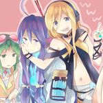  2girls ahoge anger_vein blonde_hair blue_eyes goggles goggles_on_head green_eyes green_hair gumi headphones kamui_gakupo lily_(vocaloid) long_hair looking_at_viewer multiple_girls navel open_mouth ousaka_nozomi ponytail short_hair smile sweatdrop tongue v vocaloid 