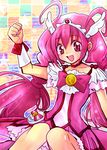  :d antenna_hair bad_id bad_pixiv_id bow bowtie choker cure_happy eyelashes hoshizora_miyuki long_hair magical_girl open_mouth pink pink_bow pink_choker pink_eyes pink_hair pink_neckwear pink_skirt precure sitting skirt smile smile_precure! solo tiara twintails udon_(leek) wrist_cuffs 