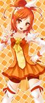  argyle argyle_background bike_shorts bow bowtie cure_sunny gloves hair_bun hair_ornament hairpin highres hino_akane_(smile_precure!) konya_(chocolate_palette) magical_girl no_choker orange_(color) orange_background orange_eyes orange_skirt precure red_shorts shorts shorts_under_skirt skirt smile_precure! solo thighhighs tongue v white_legwear 