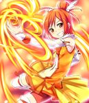  bad_id bad_pixiv_id bike_shorts bow bowtie cure_sunny eyelashes fire gloves grin hair_bun hino_akane_(smile_precure!) keikotsu orange_(color) orange_background orange_eyes orange_hair orange_skirt precure red_shorts short_hair shorts shorts_under_skirt skirt smile smile_precure! solo thighhighs white_legwear 