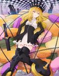  black_rock_shooter blonde_hair chain chariot_(black_rock_shooter) checkered claws crown dress food long_hair macaron mechanical_legs solo sword teito-oukoku weapon wheel yellow_eyes 