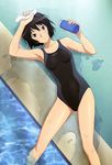  absurdres amagami black_eyes black_hair competition_swimsuit highres lying nanasaki_ai non-web_source nyantype official_art one-piece_swimsuit pool solo swimsuit takayama_kisai water 