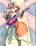  abstract_background black_hair blue_eyes breasts bridget_e_wilde brown_fur canine cassie_the_rock_vixen choker cleavage clothed clothing countershading dress electric_guitar female fluffy_tail fox fur gloves_(marking) guitar hair legwear long_hair looking_at_viewer mammal markings musical_instrument plantigrade signature socks_(marking) solo standing stockings traditional_media web_address white_belly 