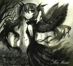  black_dress black_hair dress flower gia gloves hatsune_miku highres long_hair red_eyes rose solo tattoo tree_branch twintails vocaloid wings 