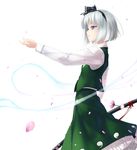  blue_eyes bob_cut breasts dress_shirt flower ghost hair_ribbon hairband hitodama katana konpaku_youmu konpaku_youmu_(ghost) petals profile ribbon rokuwata_tomoe scabbard sheath sheathed shirt short_hair silver_hair simple_background skirt small_breasts solo sword touhou vest weapon 