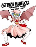  \m/ ascot bat_wings bling commentary dollar_sign dress drsunshine english english_commentary gangster hat hip_hop jewelry lavender_hair nail_polish necklace profanity remilia_scarlet ring short_hair shutter_shades solo touhou wings wrist_cuffs 