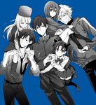  3girls carrying child command_spell dress emiya_kiritsugu everyone fate/zero fate_(series) father_and_daughter hat illyasviel_von_einzbern kotomine_kirei kotorino_deathko matou_kariya matou_sakura monochrome multiple_boys multiple_girls necktie shoulder_carry simple_background thighhighs toosaka_rin twintails uncle_and_niece younger 