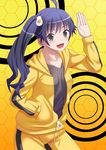  ahoge araragi_karen black_eyes black_hair fried_egg guttyod hair_ornament hood hooded_track_jacket hoodie jacket long_hair monogatari_(series) nisemonogatari open_mouth side_ponytail solo track_jacket 