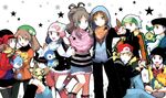  5girls adapted_costume alternate_costume black_hair blue_(pokemon) blue_eyes blue_hair boots brown_eyes brown_hair cyndaquil eevee furret gen_1_pokemon gen_2_pokemon gen_3_pokemon gen_4_pokemon gold_(pokemon) hair_ornament haruka_(pokemon) hat hikari_(pokemon) hirako holding holding_poke_ball hood hoodie jacket kotone_(pokemon) kouki_(pokemon) long_hair marill multiple_boys multiple_girls odamaki_sapphire open_mouth over_shoulder pichu pikachu piplup poke_ball poke_ball_(generic) pokemon pokemon_(creature) pokemon_(game) pokemon_bw pokemon_dppt pokemon_emerald pokemon_frlg pokemon_hgss pokemon_platinum pokemon_rse pom_pom_(clothes) ponytail red_(pokemon) red_(pokemon_frlg) scarf short_hair shorts skirt smile star thighhighs torchic touko_(pokemon) touya_(pokemon) turtwig yuuki_(pokemon) 