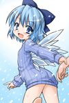  akou_roushi barefoot blue_eyes blue_hair blush bottomless bow cirno hair_bow naked_sweater no_pants open_mouth ribbed_sweater smile snow snowing solo sweater touhou wings wrist_grab 