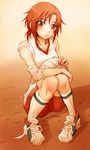  eyelashes gym_uniform hair_ornament hairclip hino_akane_(smile_precure!) muro_(yamashio_road) orange_eyes precure red_hair shoes shorts sitting sleeves_rolled_up smile_precure! sneakers solo volleyball 