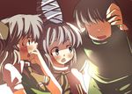  2girls blush commentary faceless faceless_male gaoo_(frpjx283) grey_eyes grey_hair hair_ribbon hat hetero japanese_clothes kariginu konpaku_youmu mononobe_no_futo multiple_girls ribbon short_hair sweatdrop tate_eboshi touhou 