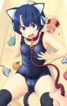  amamiya_minato animal_ears ano_natsu_de_matteru bad_id bad_pixiv_id bathtub blue_eyes blue_hair blush cameltoe cat_ears collar commentary_request fingers hands highres leash looking_at_viewer old_school_swimsuit one-piece_swimsuit open_mouth palms ribbon rinon_(ano_natsu_de_matteru) school_swimsuit short_hair sitting skindentation solo_focus swimsuit tail tanigawa_kanna thighhighs thighs 