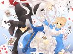  ahoge alice_in_wonderland animal_ears apron artoria_pendragon_(all) asagi-so bad_id bad_pixiv_id blonde_hair boots bunny_ears card cross-laced_footwear dress falling_card fate/zero fate_(series) frilled_skirt frills gown green_eyes high_heels irisviel_von_einzbern long_hair multiple_girls playing_card red_eyes saber shoes skirt thighhighs white_hair white_legwear 