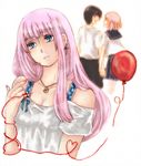  2girls :d alice420 balloon black_hair blue_eyes couple cross earrings heart hetero holding_hands jewelry just_be_friends_(vocaloid) long_hair megurine_luka multiple_girls necklace open_mouth pink_hair red_string smile string vocaloid white_background 