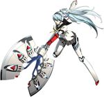  android axe battle_axe blue_hair houndstooth huge_weapon jpeg_artifacts knee_pads labrys long_hair miniskirt official_art persona persona_4:_the_ultimate_in_mayonaka_arena pleated_skirt ponytail red_eyes robot_joints school_uniform serafuku skirt solo weapon 