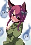  alternate_costume animal_ears blush bow braid cat_ears face fang fingernails green_shirt hair_bow hand_on_own_chest highres kaenbyou_rin long_fingernails niwatori_gunsou red_eyes red_hair ribbed_sweater shirt short_hair skull smile solo sweater touhou twin_braids twintails 