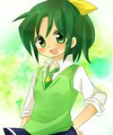  green_eyes green_hair hair_ornament hand_on_hip machi_(mimihand) midorikawa_nao necktie open_mouth ponytail precure ribbon school_uniform skirt sleeves_rolled_up smile smile_precure! solo sweater_vest 