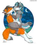  anthro black_fur black_hair blue_fur blue_hair breasts canine chest_tuft claws duo eye_contact female fox fur hair kashmere licking male mammal moon multicolor_fur nipples nude orange_fur sex straight tailwag toe_claws tongue tuft two_tone_hair watermark white_fur 