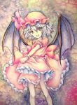  :d ascot bat_wings bow dress fang hat hat_bow highres open_mouth pink_dress pink_eyes remilia_scarlet short_hair silver_hair skirt smile solo standing touhou traditional_media watercolor_(medium) wings wrist_cuffs yuyu_(00365676) 