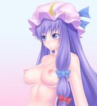  :&lt; bad_id bad_pixiv_id blush bow breasts crescent hair_bow hat large_breasts long_hair nipples nude patchouli_knowledge purple_eyes purple_hair rock_(4koma) sidelocks simple_background solo touhou upper_body very_long_hair 