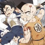  angry bald black_hair blood clenched_teeth dragon_ball dragon_ball_z gloves holding holding_sword holding_weapon injury kuririn lying male_focus multiple_boys on_back one_eye_closed open_mouth reverse_grip spoilers standing sword teeth torn_clothes ttk_(ehohmaki) vegeta weapon white_gloves 
