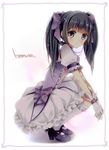  akemi_homura alternate_hairstyle ayumaru_(art_of_life) blush bow bubble_skirt character_name cosplay gloves hair_bow hands_clasped kaname_madoka kaname_madoka_(cosplay) kneehighs looking_at_viewer magical_girl mahou_shoujo_madoka_magica own_hands_together purple_eyes shirt skirt solo squatting twintails v_arms white_gloves white_legwear 