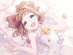  :d bare_shoulders bed blush brown_hair dress flower green_eyes hair_flower hair_ornament hair_ribbon idolmaster idolmaster_(classic) jumping_dogeza looking_at_viewer lying md5_mismatch on_back on_bed open_mouth petals pillow ribbon smile solo takatsuki_yayoi twintails 