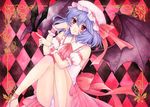  6kusa acrylic_paint_(medium) adapted_costume bare_legs bat bat_wings blue_hair brooch hat jewelry panties pantyshot pantyshot_(sitting) red_eyes remilia_scarlet short_hair sitting solo touhou traditional_media underwear wings wrist_cuffs 