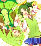  bad_id bad_pixiv_id bow bowtie candy_(smile_precure!) choker circlet closed_eyes cure_march dress dual_persona green green_choker green_eyes green_hair green_neckwear green_skirt hair_bow long_hair magical_girl midorikawa_nao nanairogaoka_middle_school_uniform necktie open_mouth pink_bow ponytail precure ribbon school_uniform simple_background skirt sleeves_rolled_up smile smile_precure! star sweater_vest tiara tri_tails wrist_cuffs yukiguni_samui 