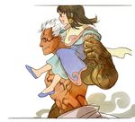  1girl asura's_wrath asura_(asura's_wrath) blush_stickers brown_eyes carrying carrying_over_shoulder dress father_and_daughter jewelry long_hair mithra_(asura's_wrath) necklace sandara shirtless smile spiked_hair torso white_hair 