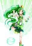  bike_shorts bow bowtie choker circlet cure_march full_body green green_background green_choker green_eyes green_hair green_neckwear green_shorts green_skirt grin highres long_hair magical_girl midorikawa_nao ponytail precure shoes shorts shorts_under_skirt skirt smile smile_precure! solo very_long_hair yuutarou_(fukiiincho) 