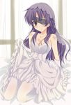  bad_id bad_pixiv_id breasts cleavage curtains dress elbow_gloves eyepatch gloves long_hair medium_breasts mirai_nikki pantyhose purple_eyes purple_hair seiza shitone132 sidelocks sitting solo uryuu_minene veil wedding_dress window 